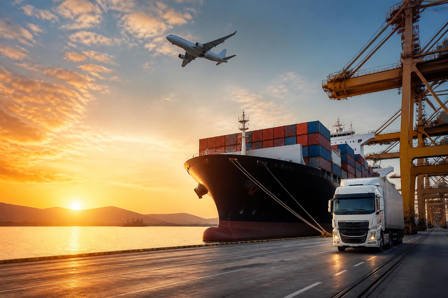 Container ship, cargo plane, and truck at a modern shipping port